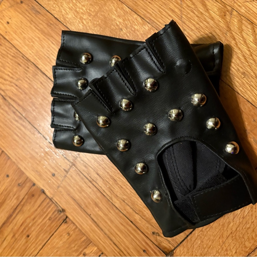 Studded Black Leather Fingerless Gloves